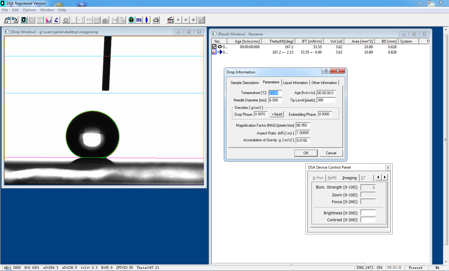 measurement of surface tension and contact angle by drop shape analysis software